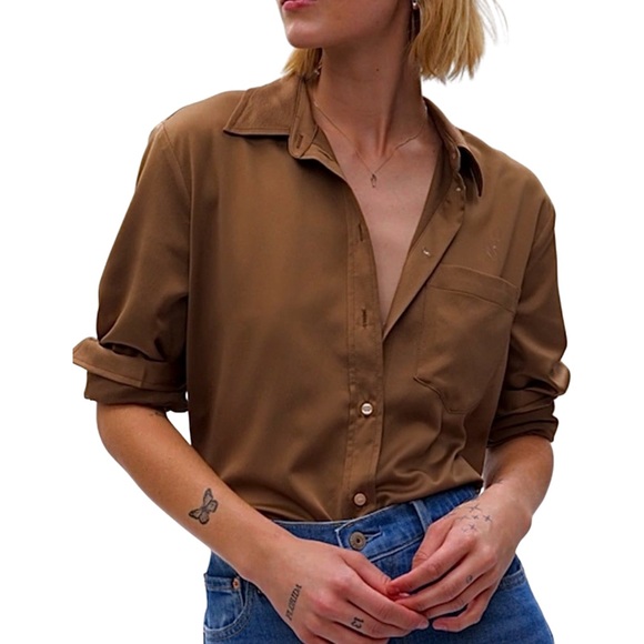 NWT* GAP Satin Button Down Blouse in Cozy Brown - Picture 2 of 7